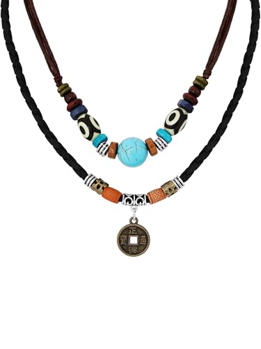 MINACHI Layered Boho Wood Bead Choker Necklace, Hollow Flower Charm, Personality Jewelry for Men and Women - style: Necklace L10-029