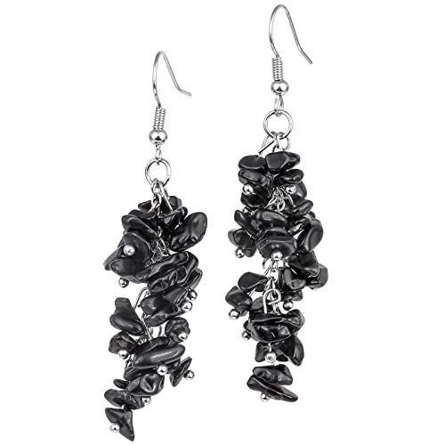 Nupuyai Natural Tumbled Stones Earrings for Women, Reiki Healing Crystal Long Dangle Hook Eardrop - color: #8-Black
