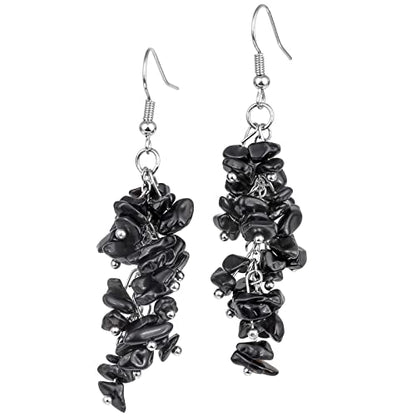 Nupuyai Natural Tumbled Stones Earrings for Women, Reiki Healing Crystal Long Dangle Hook Eardrop - color: #8-Black