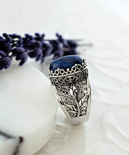 Filigranist 925 Sterling Silver Filigree Art Lace Embroidery Tulip Detailed Gemstone Women Cocktail Ring, Luxurious Gift Boxed - color: Lapis Lazuli