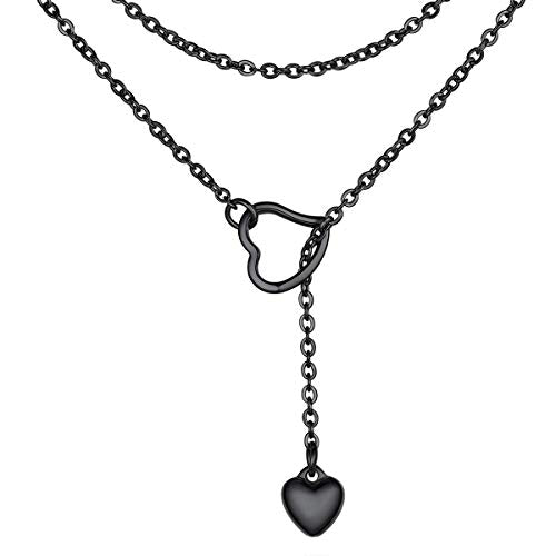 FOCALOOK Heart Lariat Necklaces for Women, Long Slip Chain Necklace | Hypoallergenic 316L Stainless Steel Silver/Black/Gold Plated, Front Slider Closure, Non Tarnish, Layered look, Everyday Wear - color: 01:Black Heart