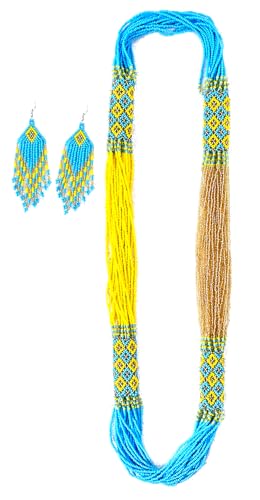 Layered – Boho Native American Style Layered Beaded Necklace– Ukrainian beaded Necklace Native Handmade Seed Bead Necklace Tribal ethnic beaded Necklace for Women (Tuquoise) - color: Skyblue, Golden