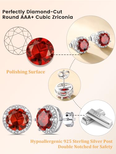 Bestyle Authentic 925 Sterling Silver 2 Carat Birthstone Earrings for Women, More Sparkle Heart/Round Solitaire Diamond Studs Earrings, Great Birthday/Christmas/Anniversary Jewelry for Wife Mother - color: 07. July Ruby-Round