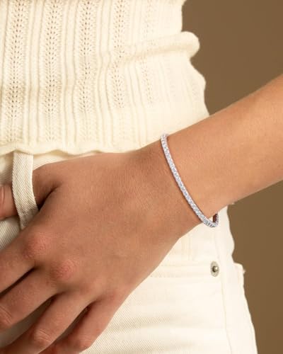 DAYBYDAY 3mm Stretch Tennis Bracelets for Women, 925 Sterling Silve Birthstone Bracelet, Dainty Adjustable Stackable Gemstone Cubic Zirconia Bracelet, Length 7.25-8 Inch