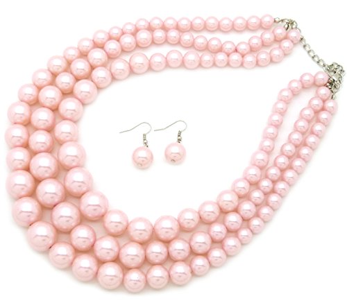 Fashion 21 Women's Faux Pearl Three Multi-Strand Statement Necklace and Earrings Set - color: Light Pink