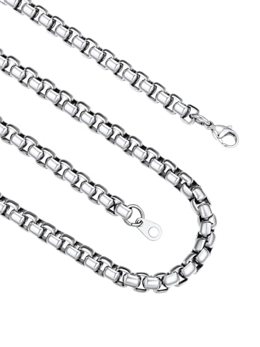 FindChic Stainless Steel Square Box Chain for Men | Silver/Gold/Black Rolo Necklace for Pendant | 2mm/3mm/6mm/8mm Width | No Tarnish, Hypoallergenic Hip Hop Jewelry with Gift Box | 18"-30" Length - color: a. 6mm Width-Steel, size: 28 inches