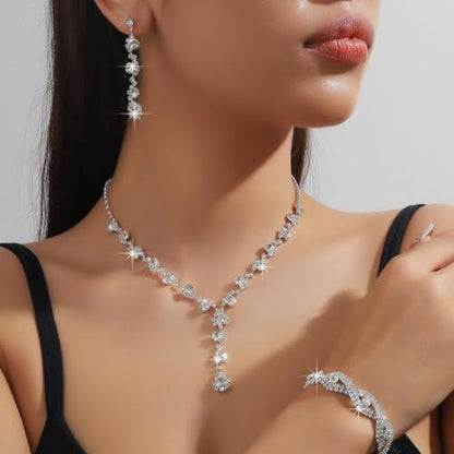 Prom Earrings Necklace Bracelet Set Elegant Crystal Rhinestone Necklace Earrings Bracelet Bridal Wedding Prom Dresses Costume Outfit Gold Jewelry Sets for Women - color: Silver B