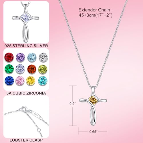 Cross Necklace for Women 925 Sterling Silver Birthstone Necklace for Women | Silver Necklaces with Diamond Sideways Birthstone Jewelry Gifts for Women 45+3cm Adjustable Chain - color: 11-Nov-Topaz