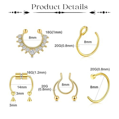 Fake Eyebrow Ring Fake Lip Labret Studs Replacement Balls Spike with 100pcs Sticker Non-Piercing Body Jewelry Fake Skin Piercing - color: A1 -Gold