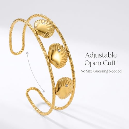Starfish Open Cuff Bracelet for Women – 18K Gold Plated Stainless Steel, Adjustable Ocean-Inspired Arm Cuff, Waterproof, Hypoallergenic Beach Jewelry Gift - color: 3 Seashell