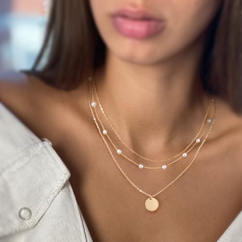 MFRYK Gold/Silver Necklaces Stack For Women,14K Gold/Sterling Silver Plated Simple Layered Choker Necklaces For Women,Stackable Multilayer Pearl Cross Disc Circle Pendant Cuban Herringbone Snake Paperclip Chain Necklaces Set Jewelry Gift for Women - style