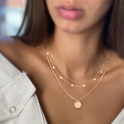 MFRYK Gold/Silver Necklaces Stack For Women,14K Gold/Sterling Silver Plated Simple Layered Choker Necklaces For Women,Stackable Multilayer Pearl Cross Disc Circle Pendant Cuban Herringbone Snake Paperclip Chain Necklaces Set Jewelry Gift for Women - style