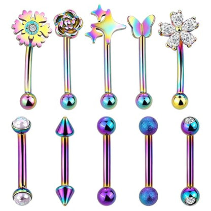 Xpircn Rook Daith Eyebrow Piercing Jewelry 16G Stainless Surgical Steel Curved Barbell Eyebrow Rings Vertical Labret Lip Piercing Jewelry Rook Daith Earrings for Women Men - color: Rainbow