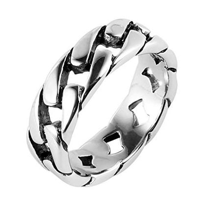HZMAN Mens Stainless Steel 7mm Wide Band Cuban Link Chain Ring, Silver Gold Black - color: 7mm-Silver