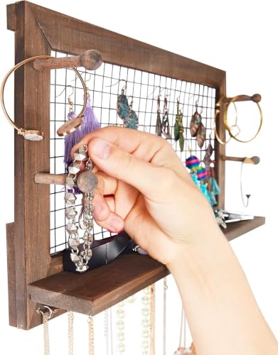 Rustic Jewelry Organizer Wall Mount with Bracelet Pegs-Necklace Holder Earring Hanger-Hanging Mounted Wooden Shelf to Display Earrings Necklaces and Accessories - style: Rustic - Antique Brown