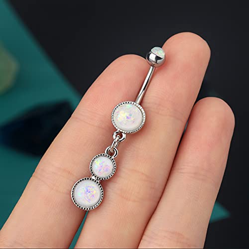 Cute Dangly Opal Belly Button Rings 14g 316L Stainless Steel Dangle Navel Rings for Women Belly Button Piercing Dangling Navel Bar - color: White Opal