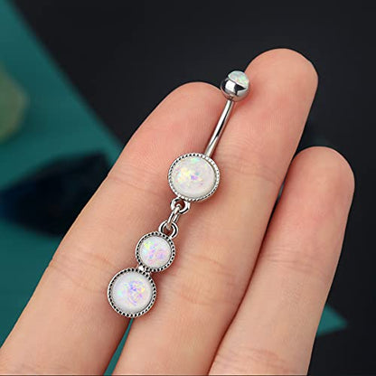 Cute Dangly Opal Belly Button Rings 14g 316L Stainless Steel Dangle Navel Rings for Women Belly Button Piercing Dangling Navel Bar - color: White Opal