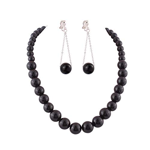 Handmade Faux Pearl Necklace and Clip on Earrings Jewelry Sets for Women Bib Choker Collar Necklace - color: Black-Necklace+Tassel Clip Earrings