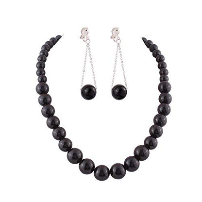 Handmade Faux Pearl Necklace and Clip on Earrings Jewelry Sets for Women Bib Choker Collar Necklace - color: Black-Necklace+Tassel Clip Earrings