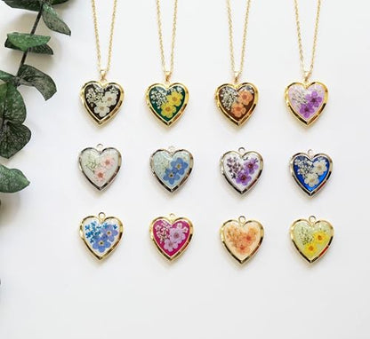 Handmade Heart Shaped Dried Pressed Forget Me Not Flower Photo Locket Pendant Necklace - color: Gold, style: YELLOW+DG