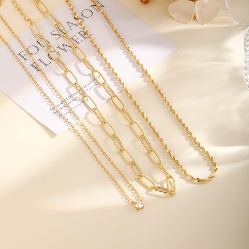 Layered Gold Necklace Set for Women Dainty Waterproof Cute Choker | 14K Gold Plated Minimalist Non Tarnish Lightweight CZ Pendant Pearl Twist Paperclip Chain Jewelry Gifts - style: 3PCS-Paperclip chain zircon-GD