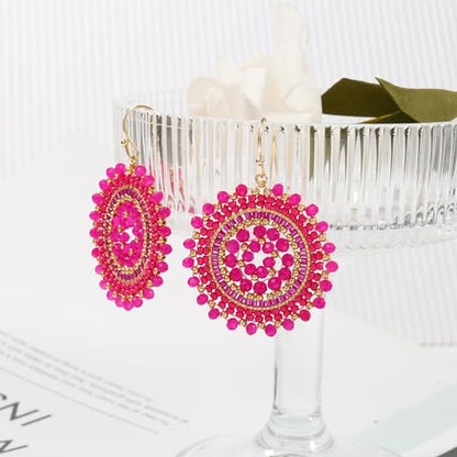 Colorful Summer Beaded Earrings For Women Crystals Glass Bead Dangle Drop Bohemia Earrings Statement Earrings For Women - color: Hot Pink