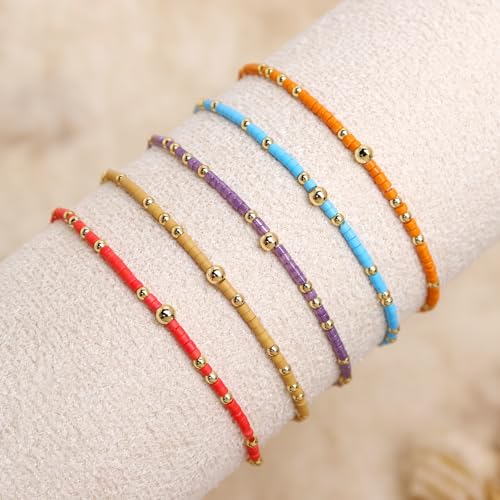 Gold Seed Beaded Bracelets Set for Women, Boho Handmade Friendship Stretch Summer Beach Jewelry Gift. - color: 2001B
