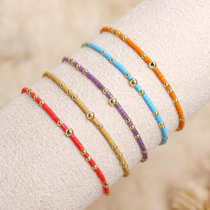 Gold Seed Beaded Bracelets Set for Women, Boho Handmade Friendship Stretch Summer Beach Jewelry Gift. - color: 2001B