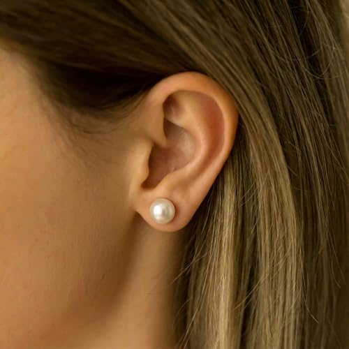 ZLP Oversize 14/12/10mm Classic Round Strong Light Simulated Shell Pearl Earrings 14K Gold Plated Sterling Silver Stud Big Pearl Earrings for Women, - color: Saltwater pearls, size: 8 mm