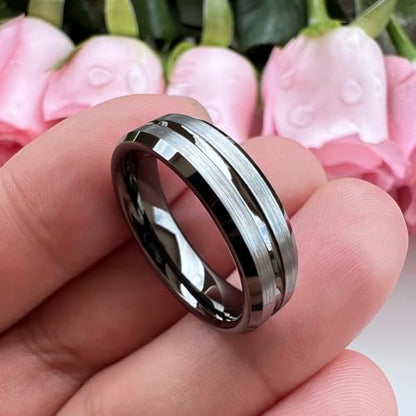 TUTISS 6mm 8mm Silver/Black/Blue/Gunmetal/Gold/Rose Gold Tungsten Rings for Men Women Fashion Engagement Wedding Bands Matte Finish Beveled Edges Comfort Fit - color: 6mm Gunmetal Brushed