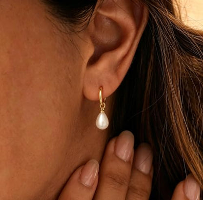 Pearl Earrings for Women Trendy, 14k Gold Plated Freshwater CZ Leaf Pearl Dangle Drop Gold Earrings Lightweight Hypoallergenic Stud Earring Bridesmaid Wedding Gold Jewelry for Women Gifts - style: hoop pearl-gold