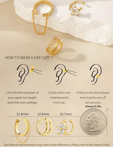 Carffordo 3Pcs Ear Cuffs Non Piercing for Women, Dainty Clip on Earrings | Trendy 14K Gold Plated Ear Cuff with Cubic Zirconia, Fake Piercing Cartilage Earrings, Lightweight Jewelry for Daily Wear - color: 3pcs-chain
