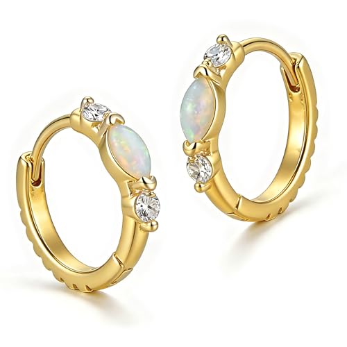 Gold Opal Huggie Earrings for Women, Minimalist Small Hoop Earrings with Zircons - color: gold