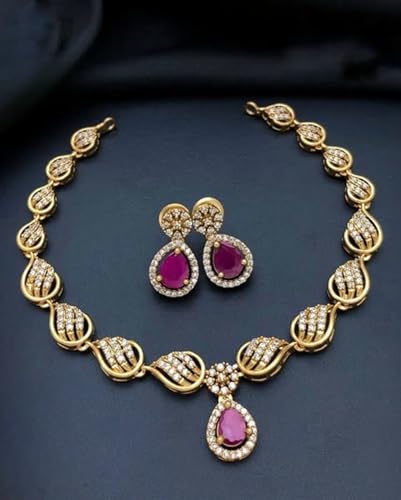Antique Gold Plated Temple Jewellery Necklace Set with Earrings for Women, Traditional Indian Bridal Necklace Set, South Indian Choker Haram Style Jewellery Set, Ethnic Wedding Party Wear Necklace Set for Women - color: AD-Neck-126