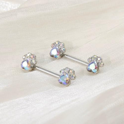 14G Colorful CZ Paw Nipple Rings for Women 316L Stainless Steel Cubic Zirconia Paw Print Nipple Piercing Barbell Nipple Shield Studs Cute Body Piercing Jewelry