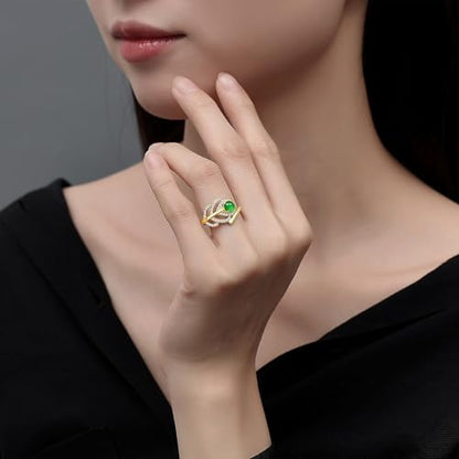 MRW Rings For Women Handmade Natura Green 925 Sterling Silver Gold Plated Zircon Ring Jewelry For Women - color: NATURAL JADE（Leaf Designs）