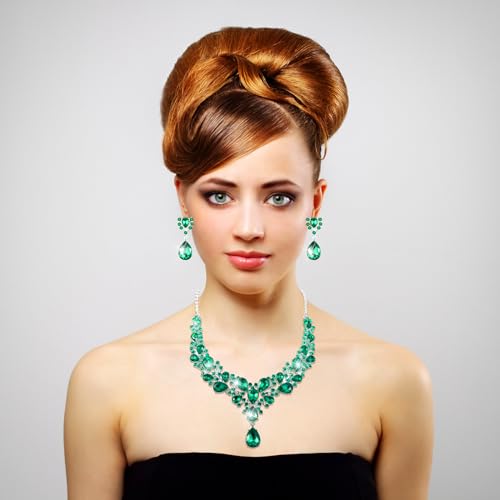 Hicarer Bridal Teardrop Cluster Crystal Jewelry Set for Women Necklace Earrings Wedding - color: Malachite Green