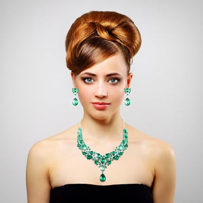 Hicarer Bridal Teardrop Cluster Crystal Jewelry Set for Women Necklace Earrings Wedding - color: Malachite Green