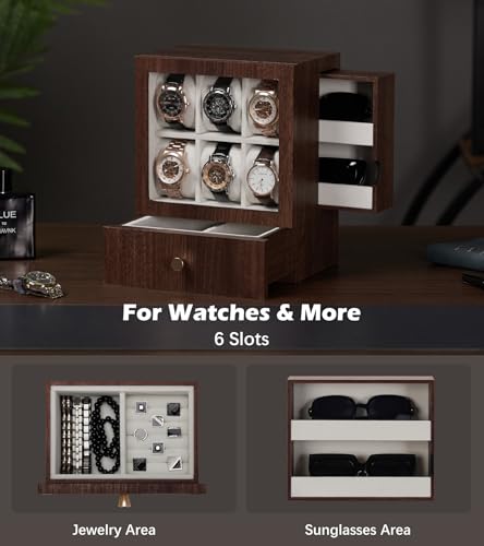 Homde Wooden Watch Box for Men: Display Case with 6 Slots | Organizer for Watches Glasses Jewelry - Nightstand Dresser Display-Clear Dustproof Window for Easy Viewing (M Size) - size: M