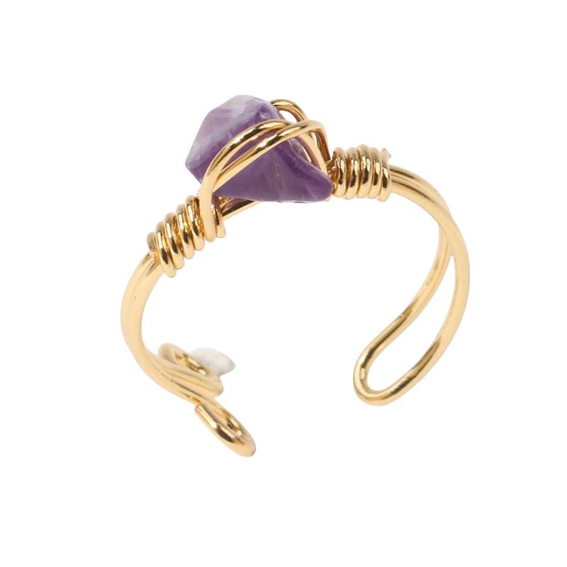 Chakra Crystal Ring Adjustable Gemstone Rings Wire Wrapped Irregular Crystal Ring Gemstone Carnelian Rose Quartz Amethyst Evil Eye Tiger Eyes Crystal Ring for Women - color: Purple