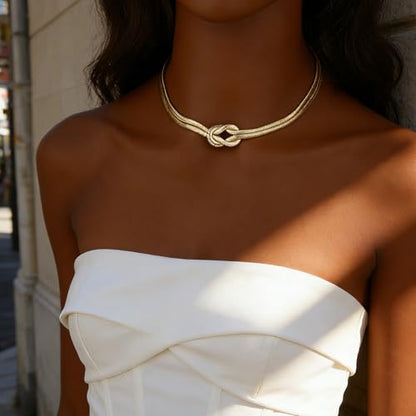 Chunky Gold Choker Necklace for Women, 14K Gold Plated Snake Chain Statement Necklace Triple Twsited Layered Choker Necklaces Jewelry Gifts - style: Knot Necklace