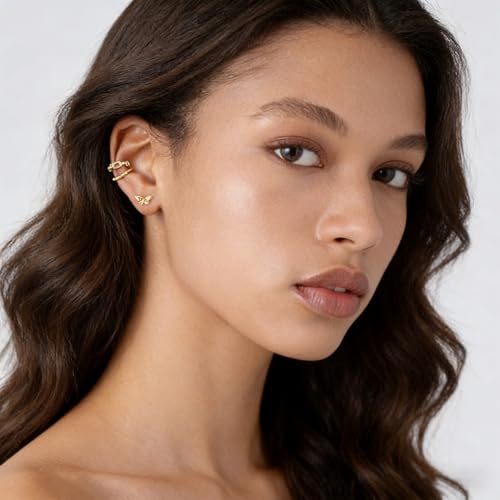 Bemoly Ear Cuff Earrings for Women 14K Gold Plated Cubic Zirconia Dangle Huggie Ear Cuffs Non Piercing | Clip On Cartilage - style: J-CHAIN-Pair
