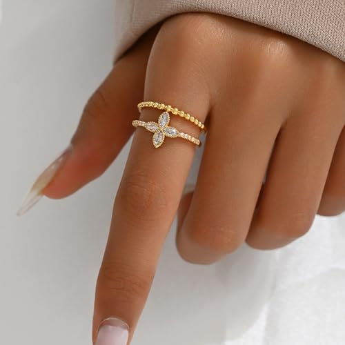 Adjustable Rings for Women 18K Gold Plated daisy Flower Butterfly Ball Cubic Zirconia Rings Dainty Open Stacking Ring - color: Flower CZ-Gold