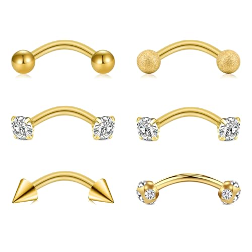 Briana Williams 6pcs Stainless Steel Rook Daith Earrings Belly Lip Ring Eyebrow Studs Cartilage Tragus Cubic Zirconia Barbell Body Piercing 8mm (5/16") - color: 1 -Gold