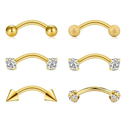 Briana Williams 6pcs Stainless Steel Rook Daith Earrings Belly Lip Ring Eyebrow Studs Cartilage Tragus Cubic Zirconia Barbell Body Piercing 8mm (5/16") - color: 1 -Gold