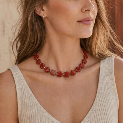 COAI Chunky Colorful Necklace for Women, Summer Beach Jewelry Crystal Flower Necklace for Women, Multi-Gemstones Sodalite Red Jasper Chunky Choker - style: Red Jasper Necklace