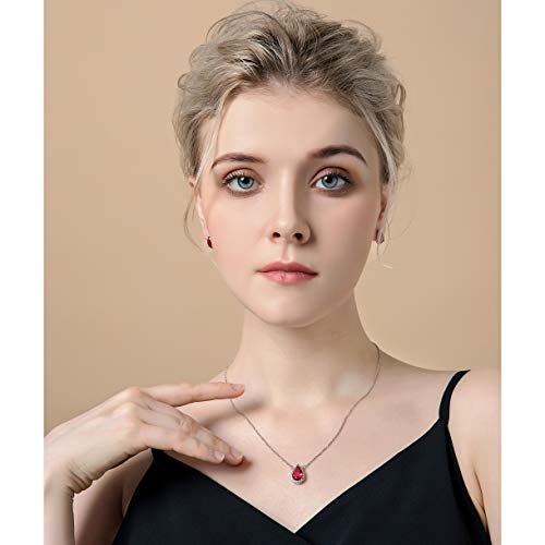 Women's Wedding Jewelry Set for Bride Teardrop CZ Necklace Earrings Set | Sterling Silver Pear Shape Necklace and Studs Crystal Rhinestone Costume Jewelry for Party Prom Bridesmaids - color: Ruby