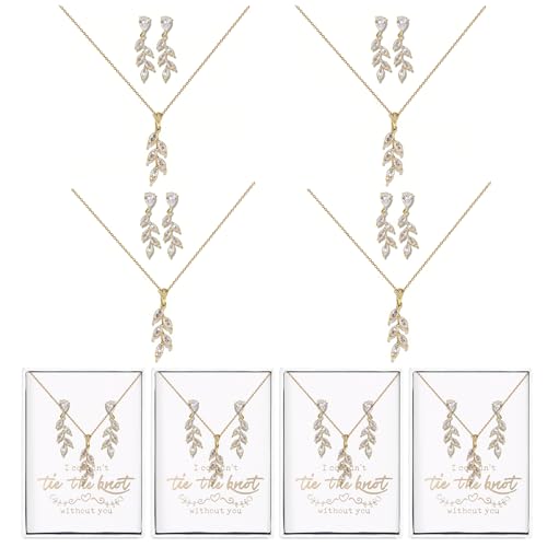 DHQH Bridesmaid Necklace Earrings Set Gifts I Couldn't Say I DO Without You Cubic Zirconia Leaf Pendant Necklace Bridesmaid Proposal Gift Set of 4 6 - color: gold-leaf
