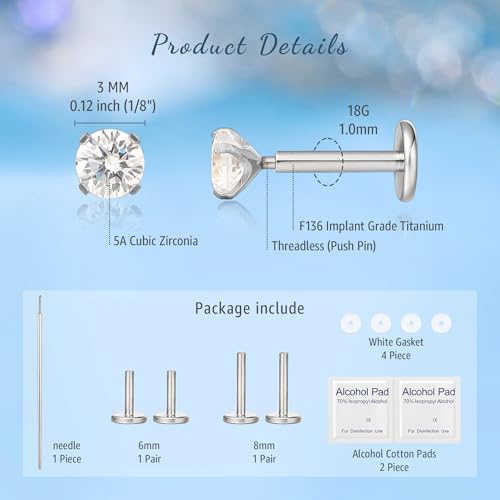 limerencia G23 Hypoallergenic 18g Flat Back Stud Earrings | F136 Implant Grade Titanium Pressfit Threadless Push Pop in Cartilage Helix Labret Lip Monroe Tragus Flat Back Piercing Studs - color: 3mm White CZ Silver