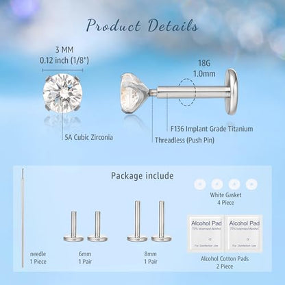 limerencia G23 Hypoallergenic 18g Flat Back Stud Earrings | F136 Implant Grade Titanium Pressfit Threadless Push Pop in Cartilage Helix Labret Lip Monroe Tragus Flat Back Piercing Studs - color: 3mm White CZ Silver